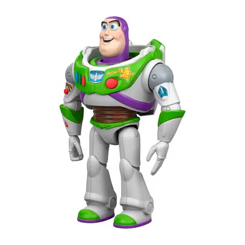 Buzz Lightyear action figure standing upright in a green and white spacesuit with purple accents, from Toy Story.