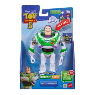 Buzz Lightyear action figure in blue Toy Story 5 packaging with 'TRY ME' label and command phrases on the front panel, includes sound features.