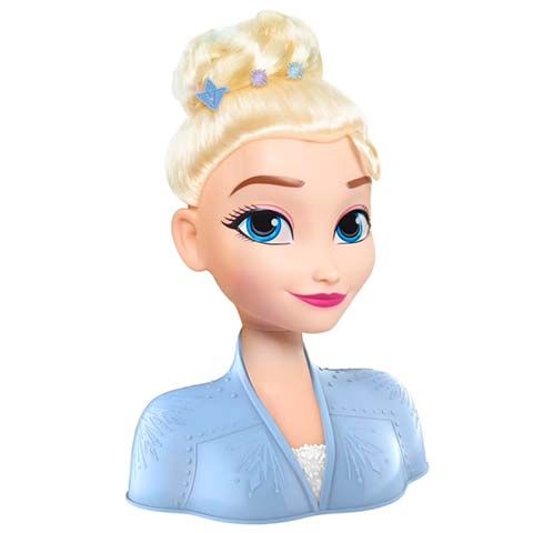 Toy bust of Elsa from Frozen with blonde hair in a bun, wearing a light blue outfit and a gentle smile