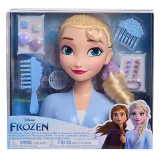 Elsa styling head doll from Disney’s Frozen in a blue outfit with hair accessories and a comb inside the package.
