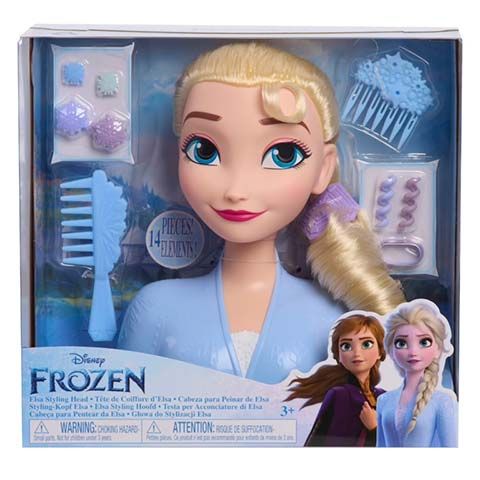 Elsa styling head doll from Disney’s Frozen in a blue outfit with hair accessories and a comb inside the package.