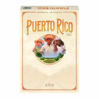 Box cover of the board game Puerto Rico by Alea; three explorers within a circular frame on a pale background.