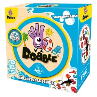 Dobble game box with blue and yellow design, circular logo featuring a purple hand and life preserver, plus the text Encuentra la pareja (Find the match).