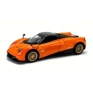 Orange toy sports car model with a black roof and gold wheels on a white background