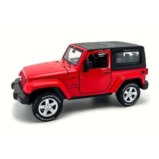 Red toy Jeep Wrangler model with a black soft top on a white background.