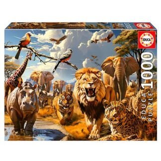 Puzzle box depicting a safari scene with lions, elephants, zebras, giraffes, and birds; 1000-piece Educa puzzle.