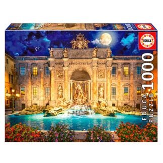 Front of a 1000-piece EDUCA jigsaw puzzle box showing a night-time fountain scene with a grand lit building, statues, and colorful flowers.