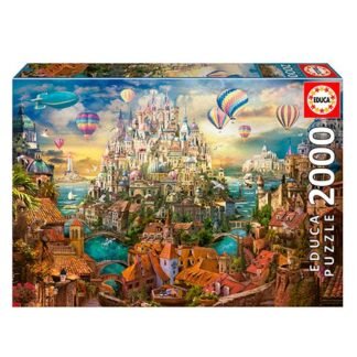 Puzzle box art for a 2000-piece Educa jigsaw showing a fantasy castle city with hot air balloons over a coastal town.