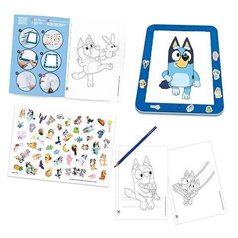 Kids' coloring activity kit with drawing sheets, sticker sheet, and a blue cartoon frame for tracing or coloring