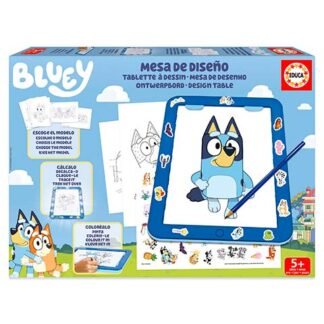 Bluey design table set for kids with a drawing board showing a blue dog drawing, surrounded by art accessories on a blue box.