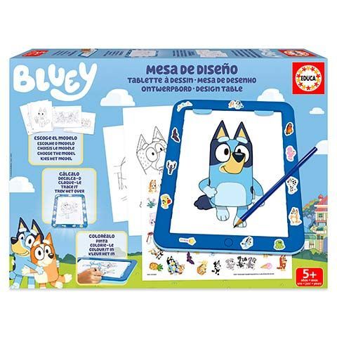 Bluey design table set for kids with a drawing board showing a blue dog drawing, surrounded by art accessories on a blue box.