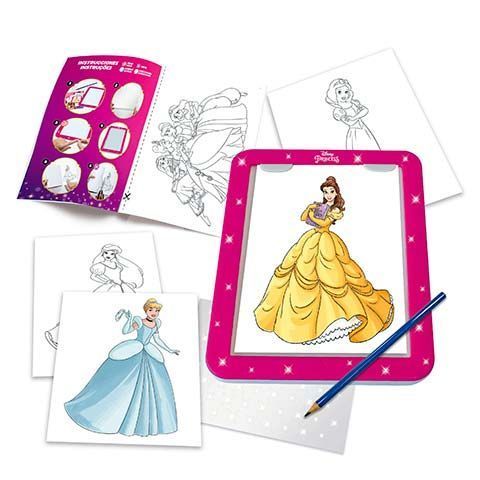 Disney Princess drawing activity kit with a bright pink frame, showing Belle in a ballgown and a pencil ready to color.