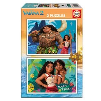 Puzzle box for Moana-themed jigsaw with two tropical scenes: Maui with a friend in the top panel and two sisters on an ocean-blue bottom panel.