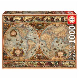 Educa 1000-piece puzzle box featuring a vintage world map with two hemispheres and ornate border decorations.