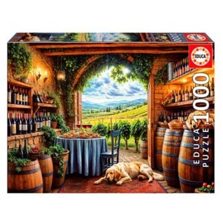 Educa 1000-piece puzzle box showing a wine cellar with bottles, barrels, a table, and a lounging dog, with a sunny vineyard outside.
