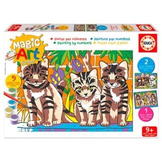 Magic Art Number painting kit for kids showing four cute tabby kittens in a colorful garden, with numbered sections and paint pots