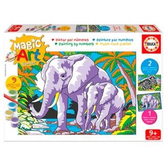 Color-by-numbers art kit featuring purple elephants painting scene, with paints, brushes, and a jungle backdrop for kids aged 9+