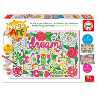 Magic Art Dream Big paint-by-numbers craft kit with a colorful floral design; includes paints and brushes, for ages 9+