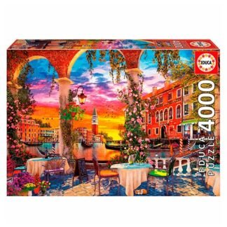 Puzzle box showing a vibrant canal-side cafe scene at sunset; 4000-piece Educa jigsaw puzzle graphic.