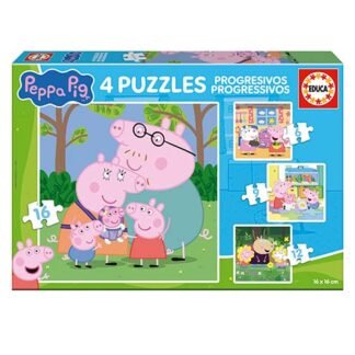 Peppa Pig four progressive puzzles box featuring the Pig family in a park; packaging shows previews of 16-, 12-, and 6-piece puzzles.
