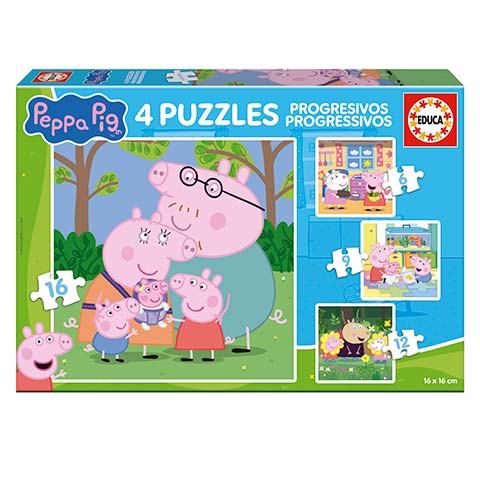 Peppa Pig four progressive puzzles box featuring the Pig family in a park; packaging shows previews of 16-, 12-, and 6-piece puzzles.