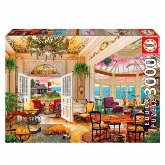 Puzzle box cover for a 3000-piece puzzle: opulent sunlit living room with open French doors, chandelier, plants, colorful chairs, and a seaside view.