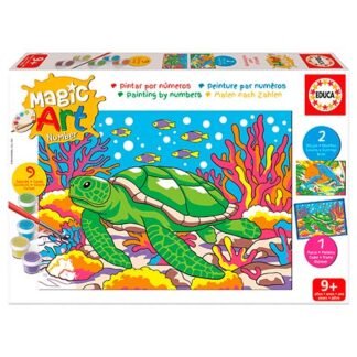 Box of a paint-by-numbers kit featuring a colorful underwater scene with a green sea turtle among coral reefs (Magic Art Number).