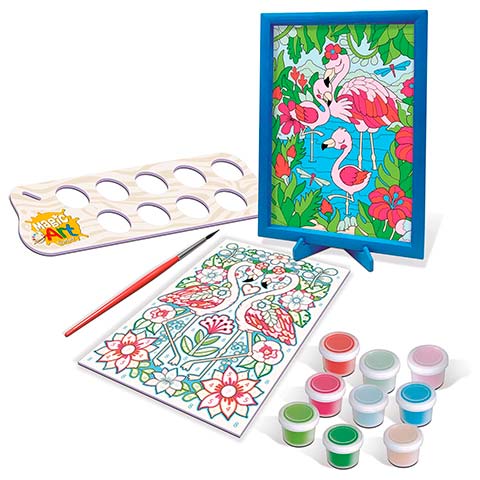 Coloring and painting kit featuring a framed flamingo artwork, a floral color-by-number sheet, a red brush, and small paint pots arranged nearby.