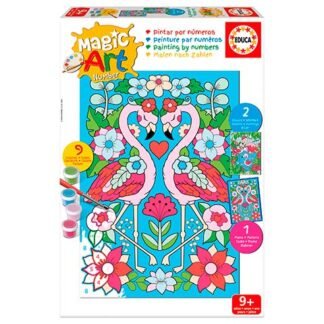 Color-by-number art kit with two flamingos among flowers; includes paints, brushes, and numbered pages for ages 9+.