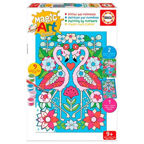 Color-by-number art kit with two flamingos among flowers; includes paints, brushes, and numbered pages for ages 9+.