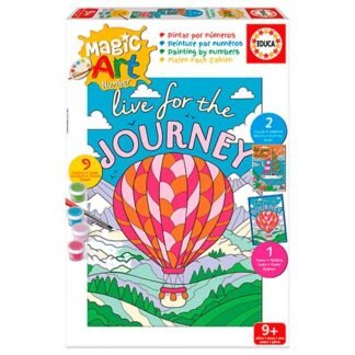 Coloring art kit box titled 'Live for the Journey' with a colorful hot air balloon illustration on the cover, educational numbers and 9+ age label.