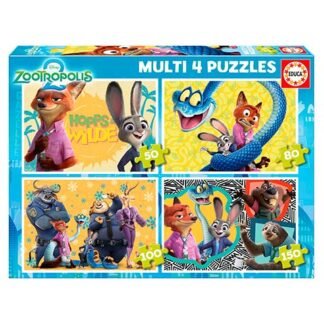 Zootropolis multi-puzzle box showing four jigsaw sets with characters Judy Hopps, Nick Wilde and friends, designed for kids with four piece-count options visible on corners.