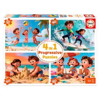 Educa 4-in-1 progressive puzzles box with four beach scenes (20/40/60/80 pieces) for ages 4+, showing kids playing, surfing, building a sandcastle, and eating ice cream.
