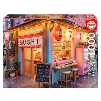 Colorful sushi shop storefront with hanging lanterns, a wooden door, and a chalkboard menu outside.