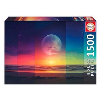 Puzzle box for a 1500-piece Educa jigsaw featuring a vibrant sunset over the sea with a large moon in the sky.