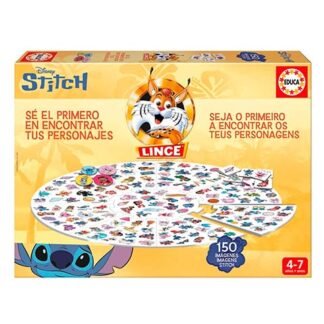 Caja amarilla del juego de mesa Lince de Disney Stitch, con tablero circular lleno de personajes; indicado para 4–7 años y 150 imágenes.