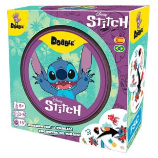 Colorful Stitch Dooble game box with Stitch inside a purple ring on teal background; shows age 6+, 2-8 players, 15+ min game time.