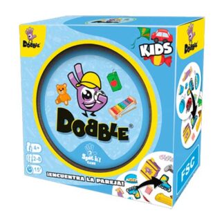 Box for the Dobble Kids game, blue and yellow packaging with a circular window showing a cute cartoon character and game items.