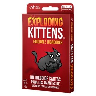 Red box of the Exploding Kittens card game for 2 players, featuring a cartoon black kitten biting a bomb and Spanish title text visible.