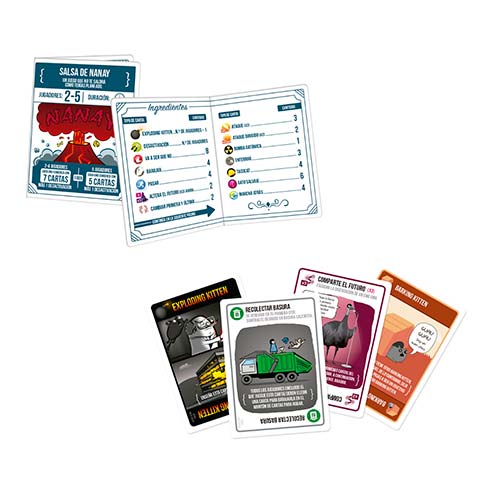 Assorted board game components: instruction sheets and two card decks with illustrated graphics and lists of ingredients.