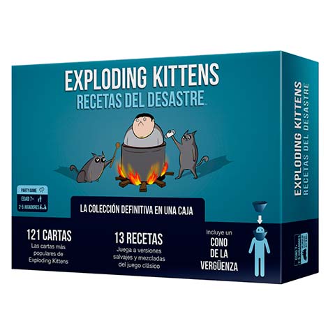 Caja del juego Exploding Kittens: Recetas del Desastre, ilustración de gatos alrededor de un caldero sobre una hoguera; señala 121 cartas, 13 recetas y un cono de la vergüenza.