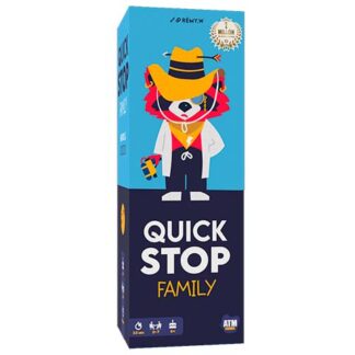 Packaging box for 'Quick Stop Family' featuring a cartoon dog wearing a yellow hat and sunglasses, white suit and gold jewelry on a blue background with a dark blue lower half and bold white text.