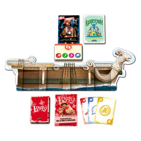 Stylized pirate ship game board with colorful character and action cards laid out around it.