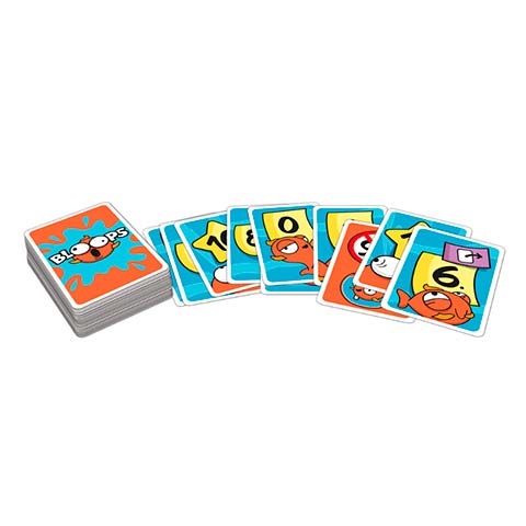 Colorful cartoon fish cards laid out in a fan next to a small stacked deck, on a white background.