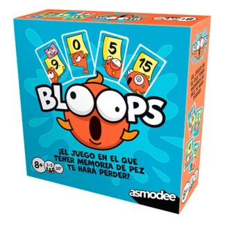 Blue game box for 'Bloops' featuring an orange fish and numbered cards; for ages 8+, 2–6 players; by Asmodee.