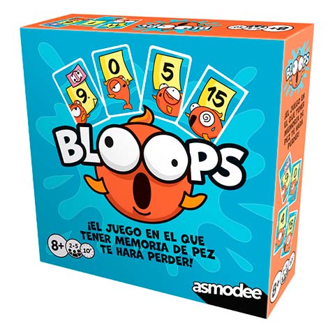 Blue game box for 'Bloops' featuring an orange fish and numbered cards; for ages 8+, 2–6 players; by Asmodee.