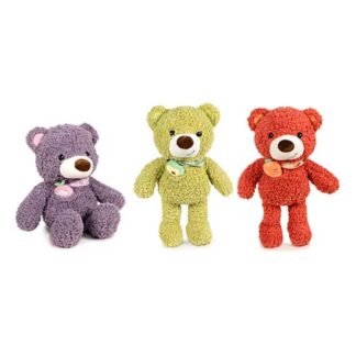 Three plush teddy bears in purple, yellow, and red standing side by side on a white background.