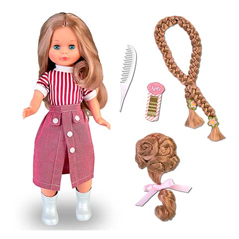 Play doll with long blonde hair wearing a red-and-white striped shirt and pink skirt, plus hair-styling accessories: white comb, pink hair clip, braided hair extension, and pink ribbon bow.