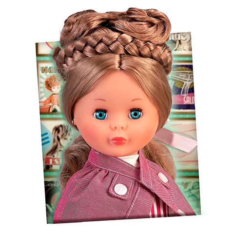 Doll with a braided crown hairstyle, wearing a pink jacket, blue eyes, against a colorful storefront background.