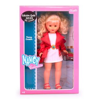 Pink display box containing a blonde fashion doll wearing a red jacket and white dress, visible through a clear window.